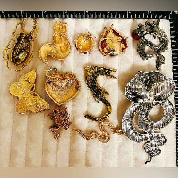 Lot 11 Red Enamel Animal Pins Rhinestone Snake Cobra Fox Dragon Butterfly Beetle